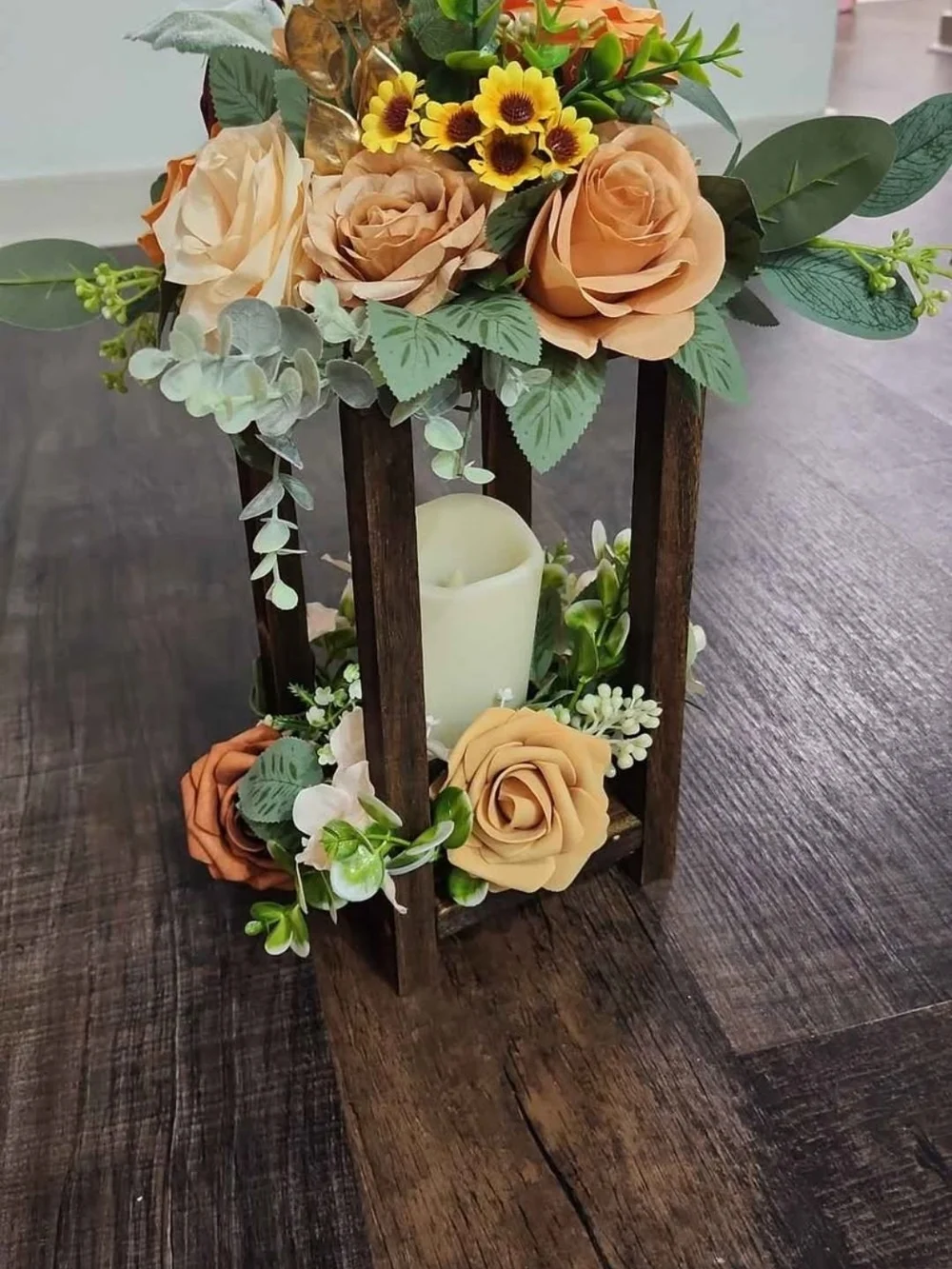 **Lot Of 7** Artificial Floral Wood Lantern Centerpieces with Candle